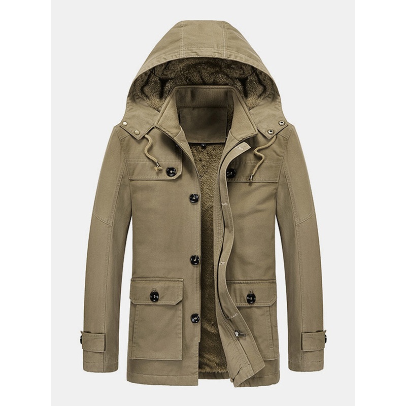 Mens Winter Thicken Fleece Lined Mid-Length Warm Parka With Removable Hood