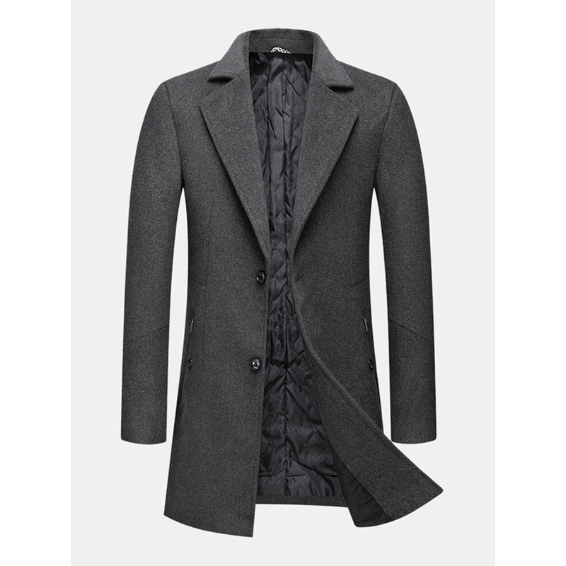 Mens Woolen Single-Breasted Lapel Pocket Mid-Length Warm Trench Coats