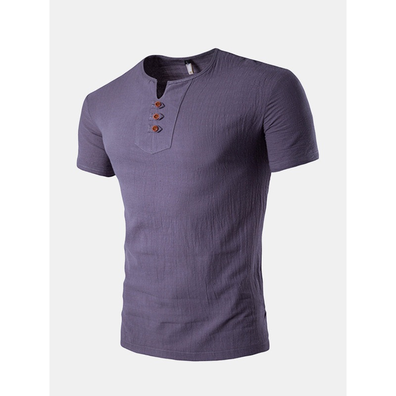 Summer Mens Casual V-neck Button Cotton Linen T-shirt Short Sleeved Tops Tees
