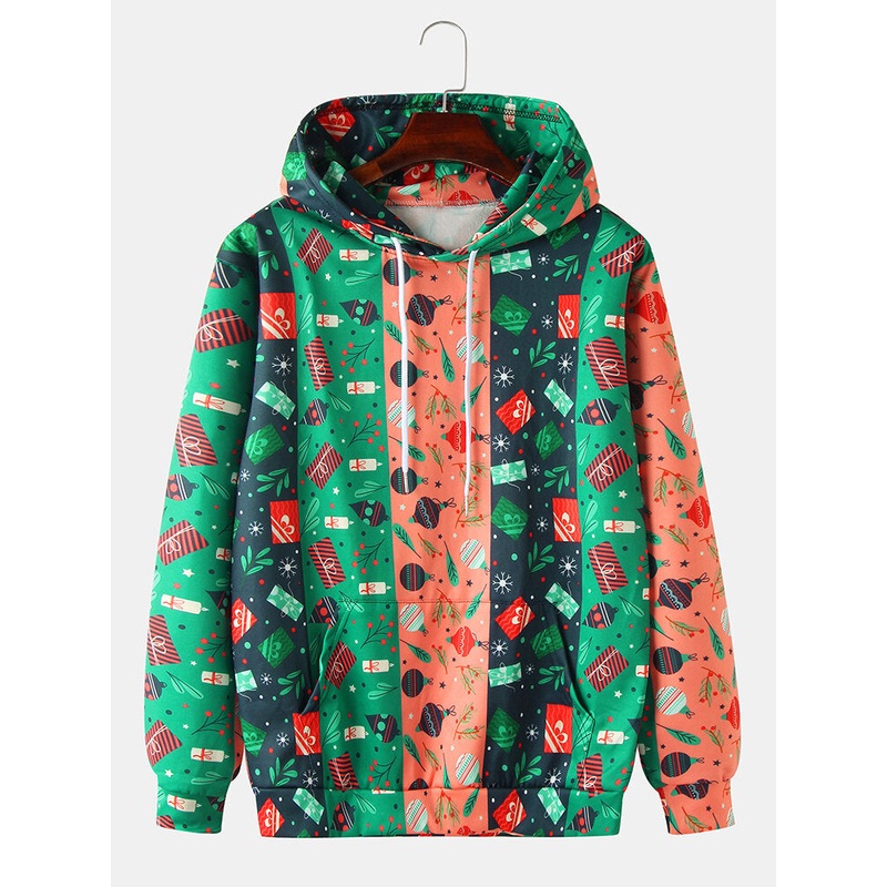 Christmas Mens Color Block Cartoon Print Drawstring Hoodies With Pocket
