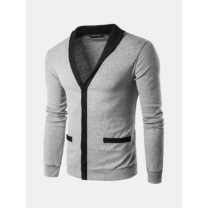 Classic Brief Fashion Neckline Sweatershirt Men’s Single-breasted Hit Color Knitting Cardigan
