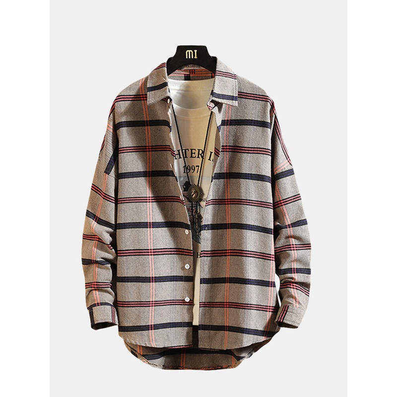 Cotton Casual Plaid Turn Down Collar Loose Fit Long Sleeve  Shirts for Men