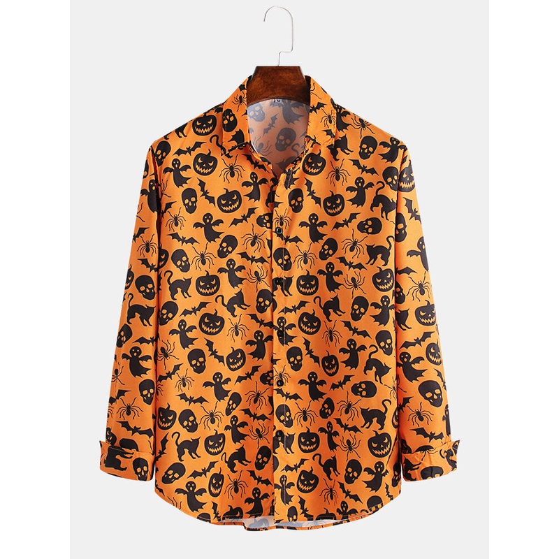 Halloween Pumpkin Printing Long Sleeve Mens Shirts