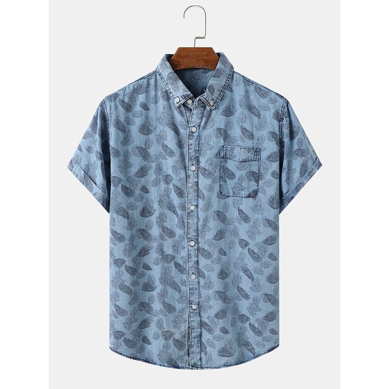 Men 100% Cotton Denim Graphic Leaf Pattern Lapel Short Sleeve Leisure Shirts