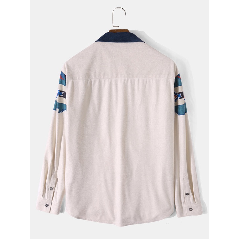 Men Contrast Geo Print Faux Suede Button Up Casual Long Sleeve Shirts
