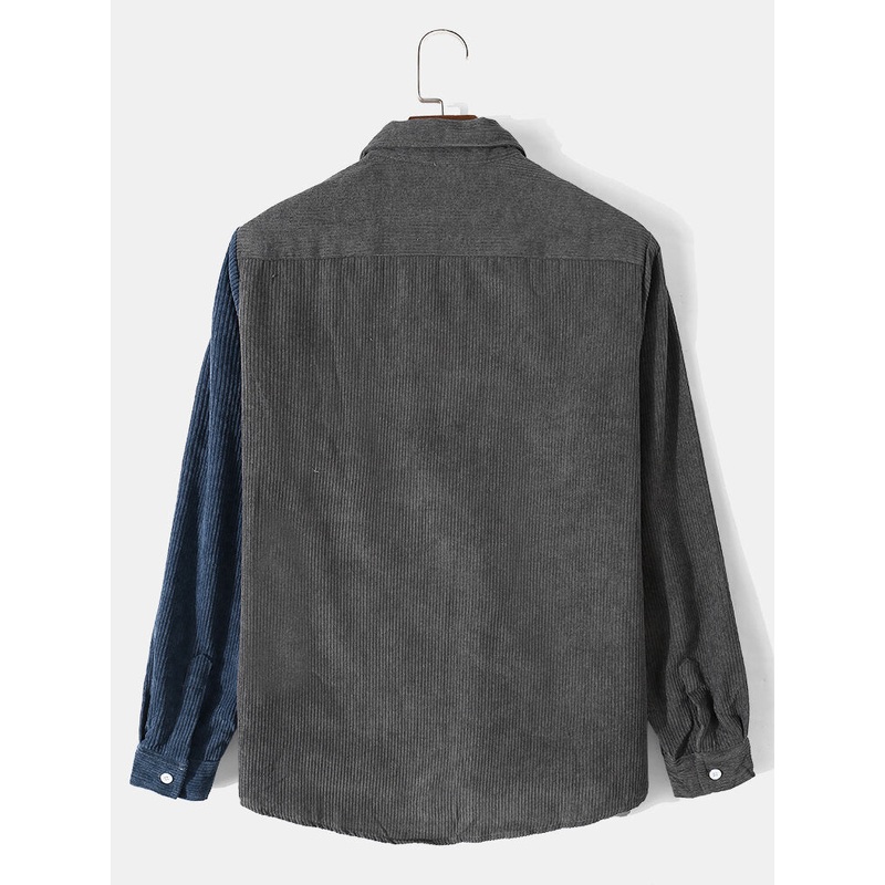 Men Corduroy Contrast Colorblock Front Button Lapel Casual Shirts