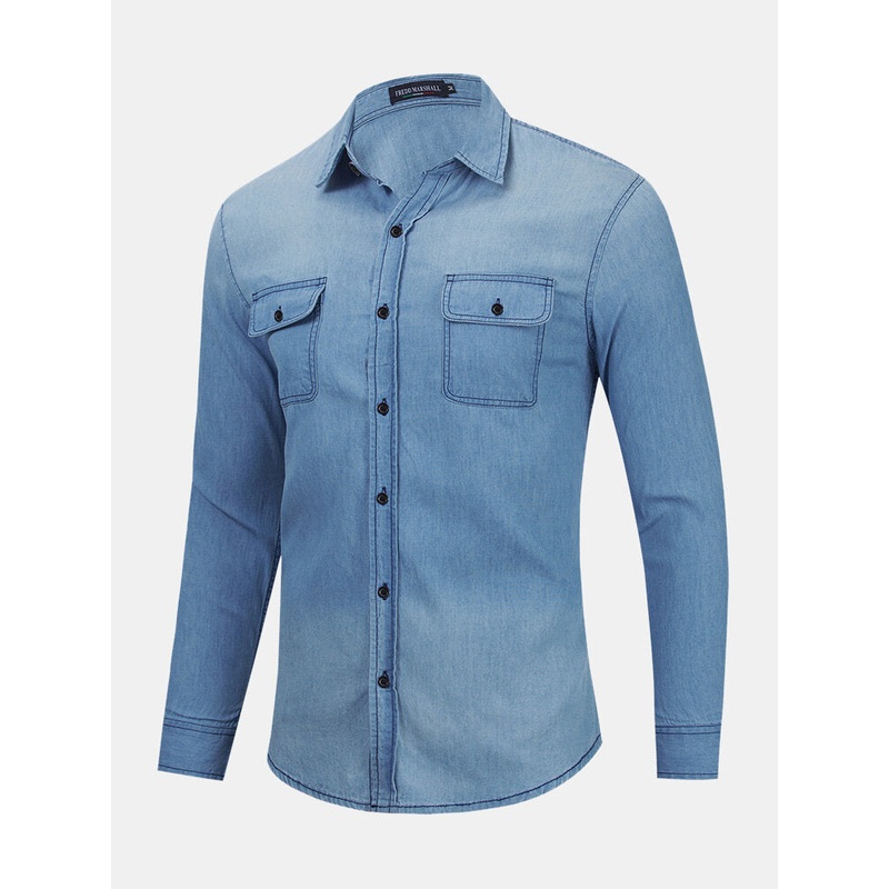 Men Denim Chest Pockets Button Up Casual Long Sleeve Shirts