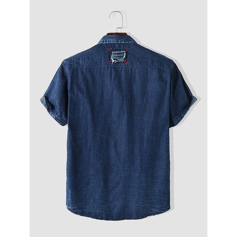 Men Denim Flat Pocket Plain Color Button Short Sleeve Leisure Shirts