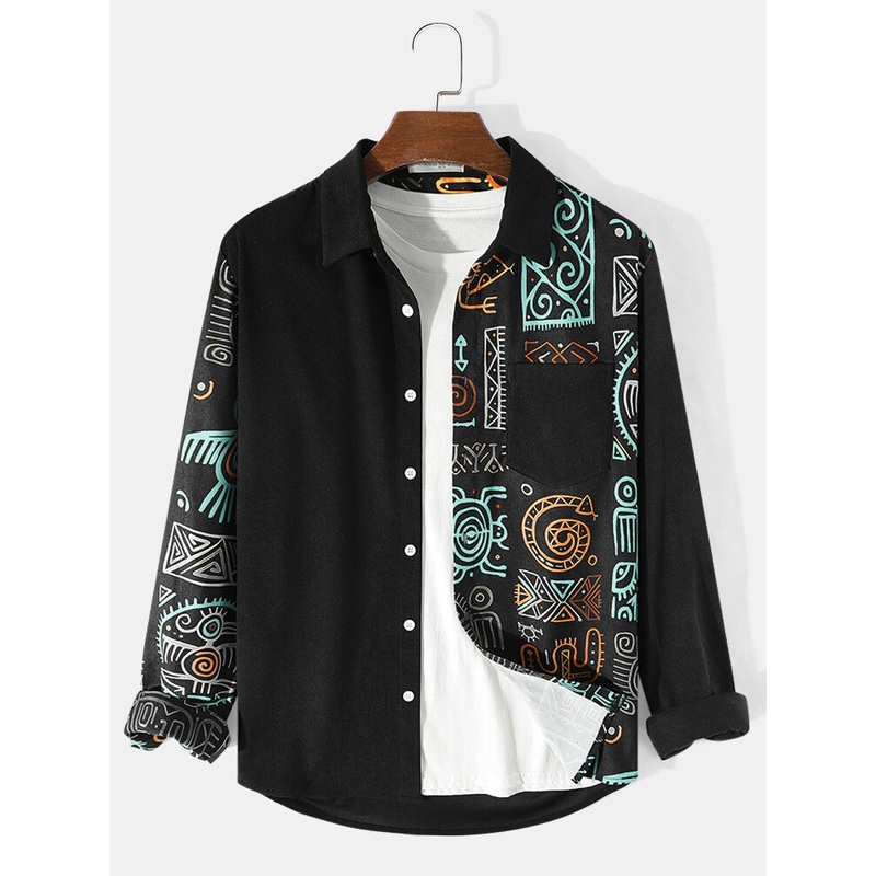 Men Ethnic Ornament Printed Long Sleeve Front Buttons Shirts