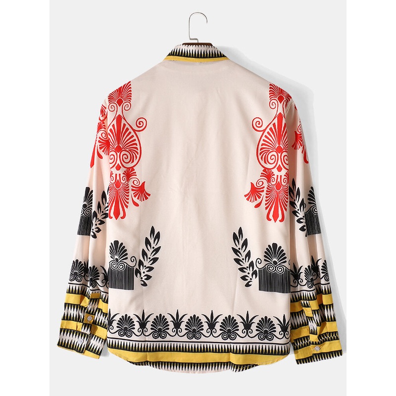 Men Ethnic Printed Curved Hem Flower Long Sleeve Casual Shirts