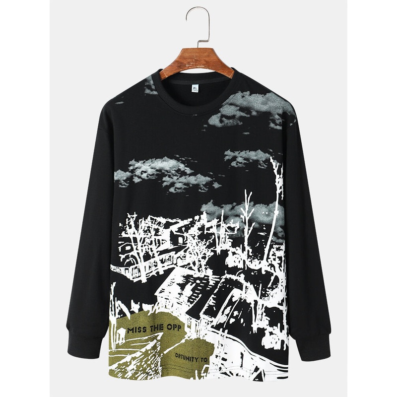 Men Landscape Pattern Letter Long Sleeve Casual Pullover Sweatshirt