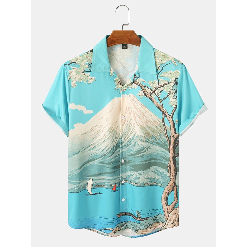 Men Mountain Pattern Landscape Print Short Sleeve Casual Shirts