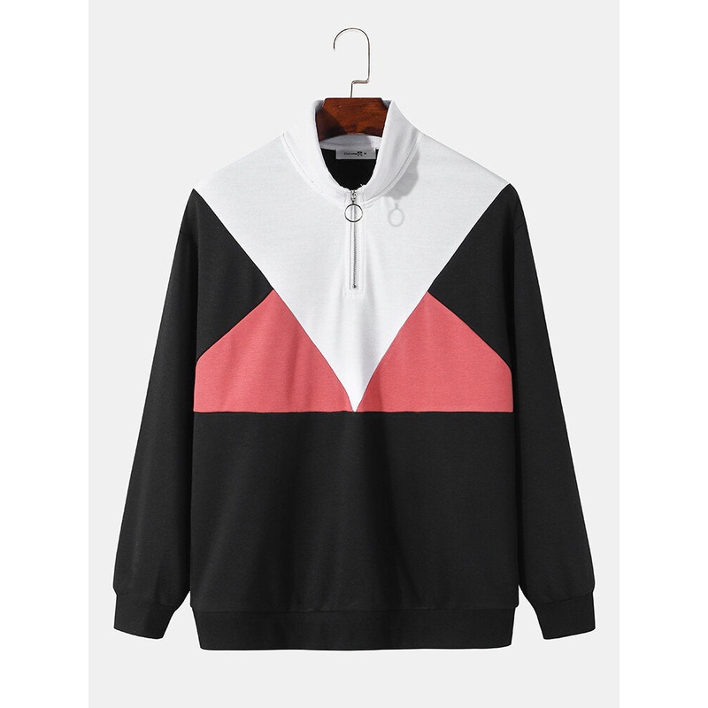 Men Patchwork Colorblock 1/3 Zip High Neck Pullover Sweatshirt
