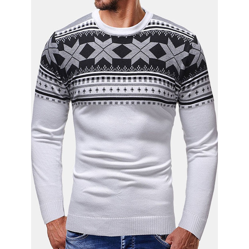Men’s Christmas Snowflake Printing Patchwork Long Sleeve Crew Neck Casual Sweaters