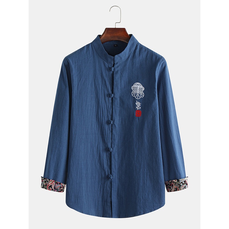Men’s New Chinese Style Embroidery Non-iron Tang Suit Retro Hanfu Long-sleeved Shirts
