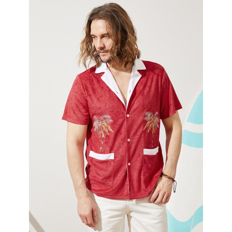 Men Towel Coconut Tree Print Double PocketsRevere Collar Holiday Shirts