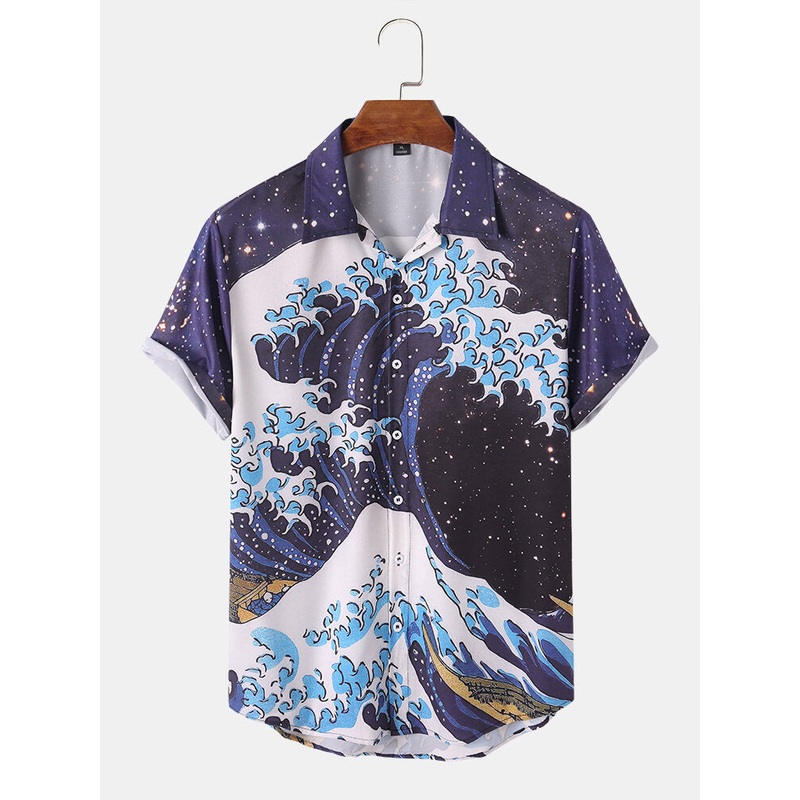 Men Ukiyoe Landscape Mountain Print Lapel Casual Shirts