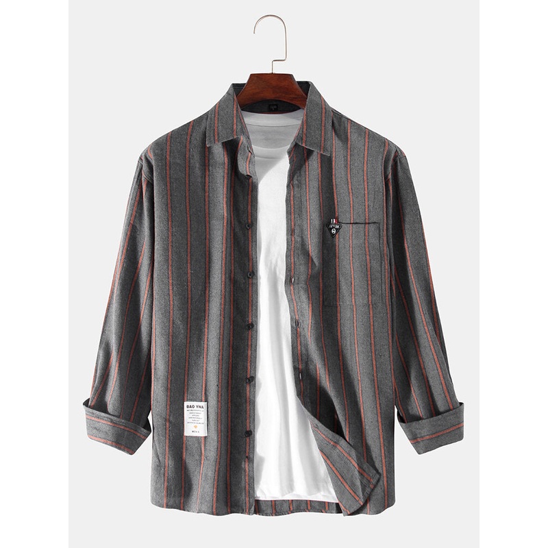 Men Vertical Stripe Chest Pocket Long Sleeve Casual Shirts
