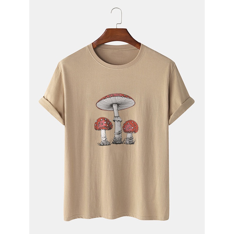 Mens 100% Cotton Cartoon Mushroom Print Short Sleeve T-Shirts