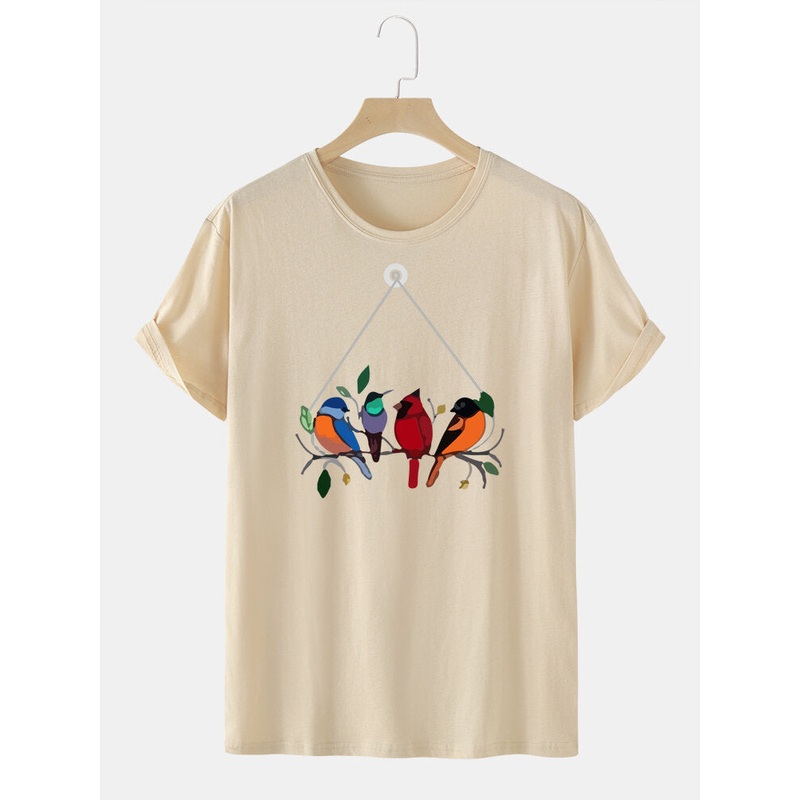 Mens 100% Cotton Colorful Bird Print Round Neck T-Shirt