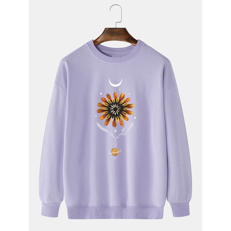Mens 100% Cotton Flower Print Pullover Long Sleeve Sweatshirts