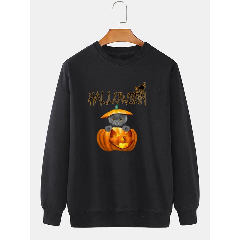 Mens 100% Cotton Halloween Pumpkin & Cat Print Pullover Long Sleeve Cute Cartoon Sweatshirts