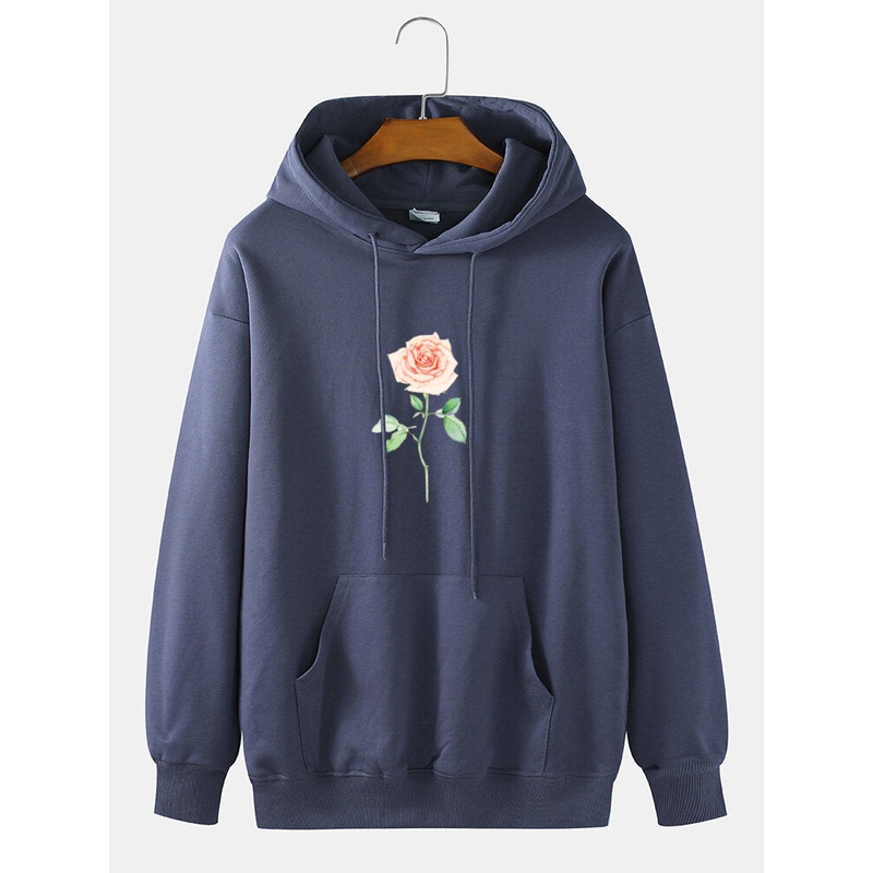 Mens 100% Cotton Rose Print Drop Shoulder Long Sleeve Simple Hoodies