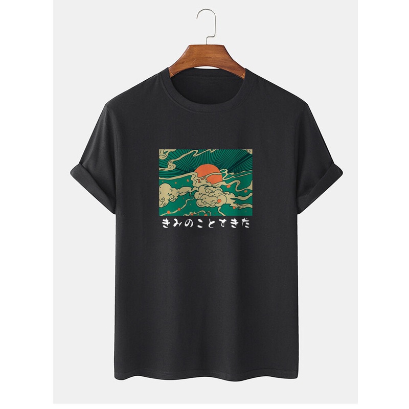 Mens 100% Cotton Ukiyoe Print Round Neck Short Sleeve T-Shirts