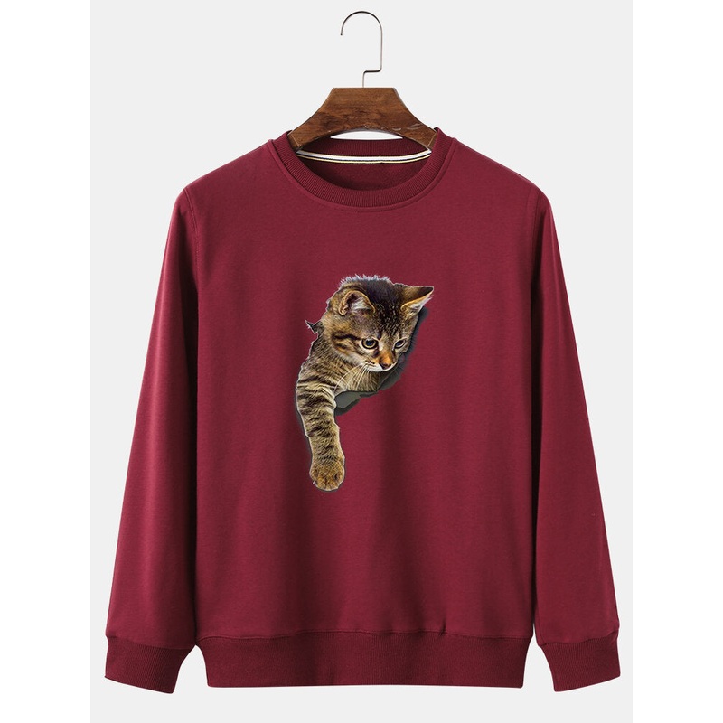 Mens 3D Cute Cat Print  Crew Neck Casual Loose Pullover Sweatshirt