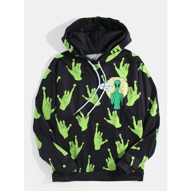 Mens Alien Gesture & Slogan Print Kangaroo Pocket Black Hoodies