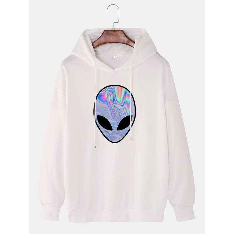 Mens Alien Print Drop Shoulder Simple Drawstring Hoodies