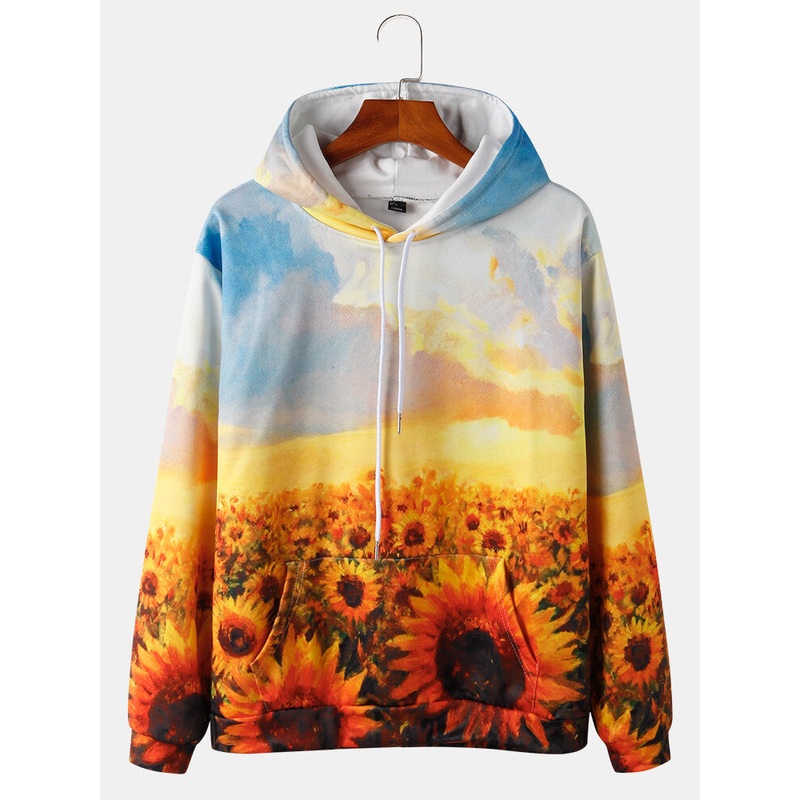 Mens All Over Flower Printed Pouch Pocket Drawstring Pullover Hoodies