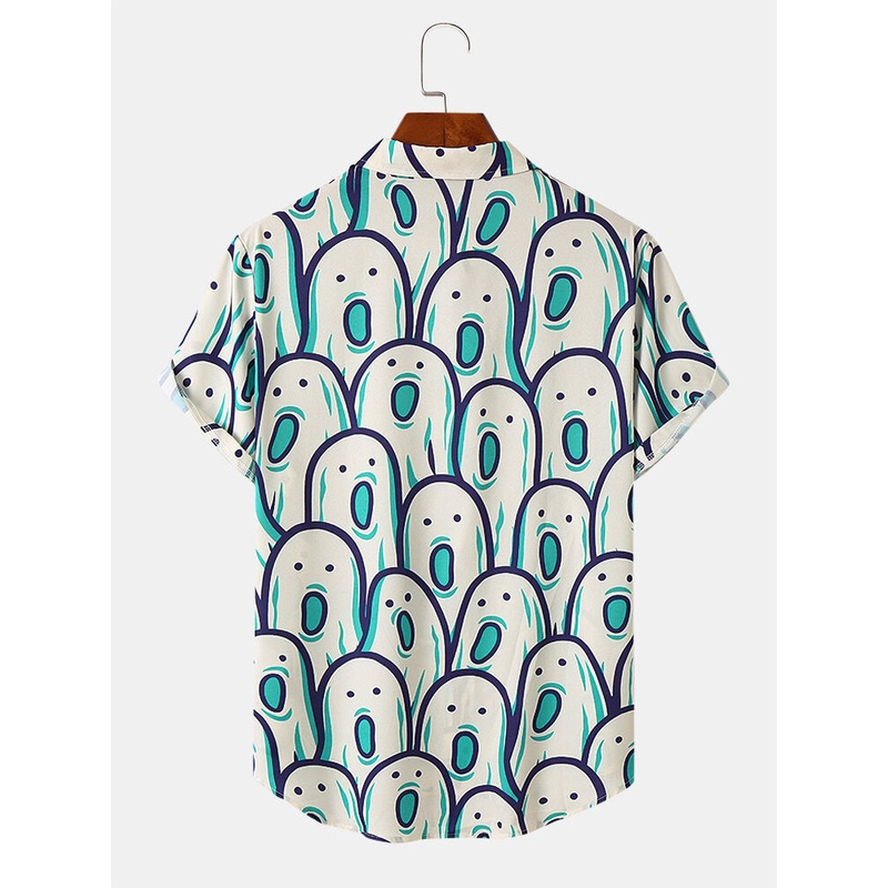 Mens All Over Funny Ghost Print Halloween Short Sleeve Shirts