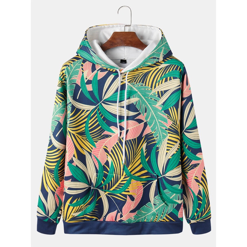 Mens All Over Plant Leaf Print Drawstring Hoodies With Pouch Pocket