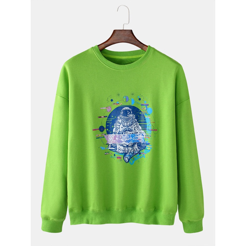 Mens Astronaut Print Round Neck Pullover Long Sleeve Drop Shoulder Cute Sweatshirts