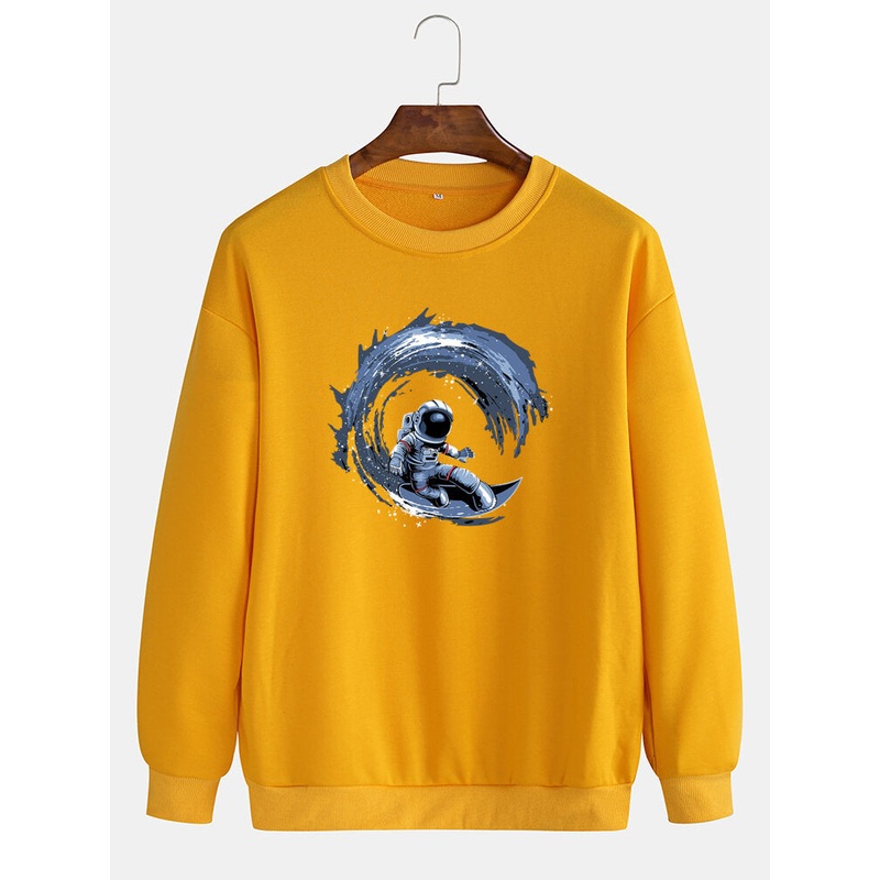 Mens Astronaut Surf Graphic Round Neck Cotton Drop Shoulder Sweatshirts