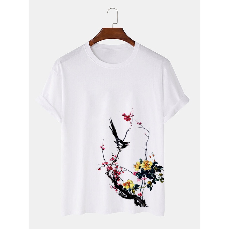 Mens Bird & Plum Bossom Print Short Sleeve Cotton T-Shirts
