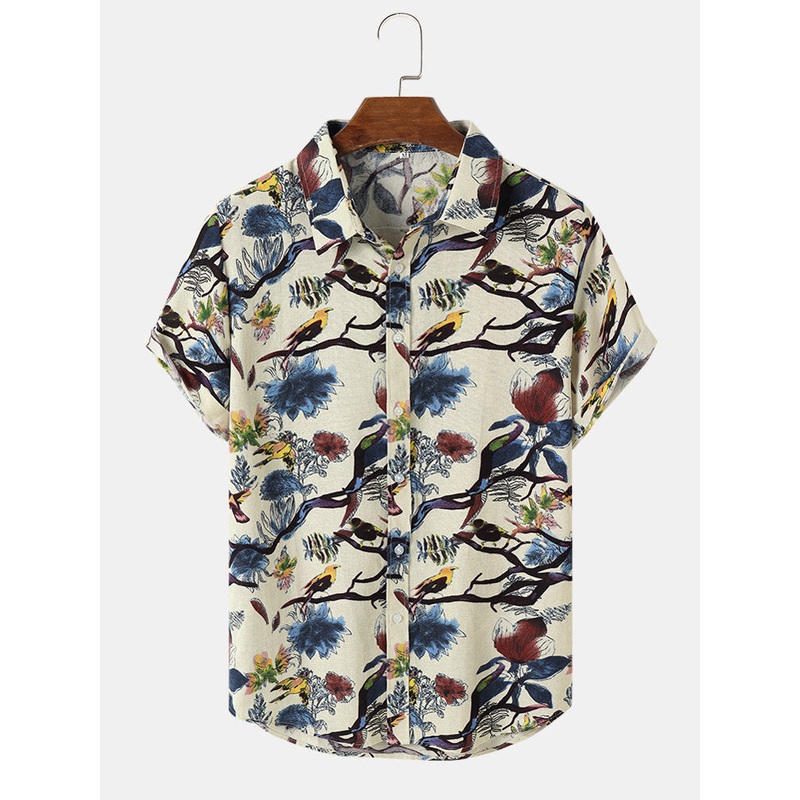 Mens Bird & Tree Print Retro Hem Cuff Short Sleeve Shirts