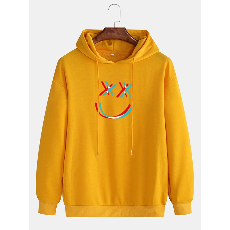 Mens Bright Smile Face Print Drop Shoulder Drawstring Overhead Hoodies