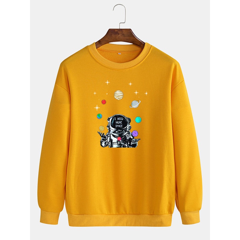 Mens Cartoon Astronaut & Planet Print Round Neck Pullover Drop Shoulder Sweatshirts