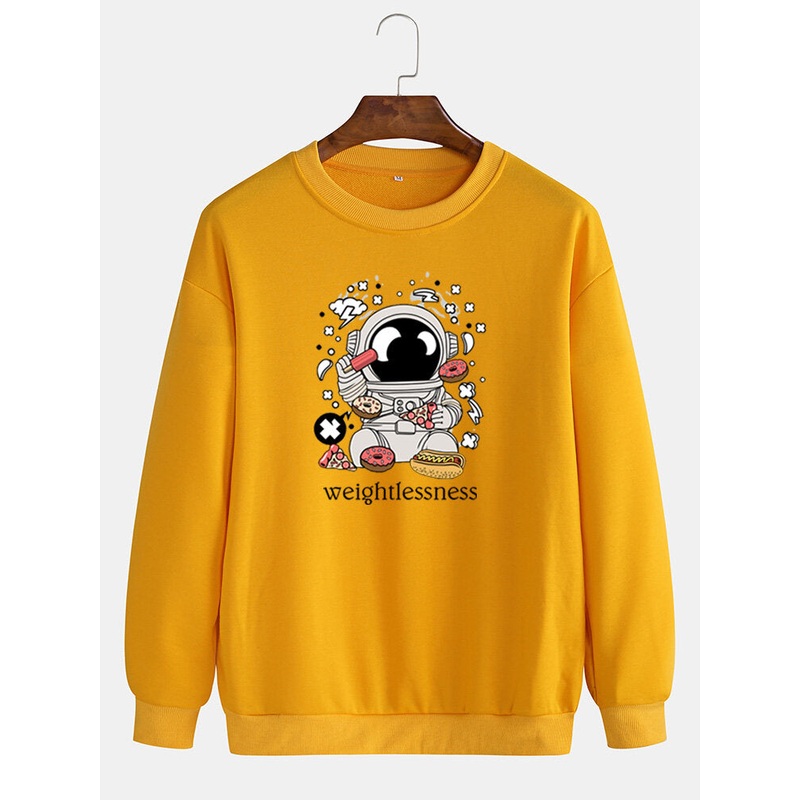 Mens Cartoon Astronaut Print Crew Neck Casual Pullover Sweatshirt