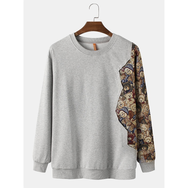 Mens Cartoon Bear Pattern Patchwork Crew Neck Cotton Sweatshirts