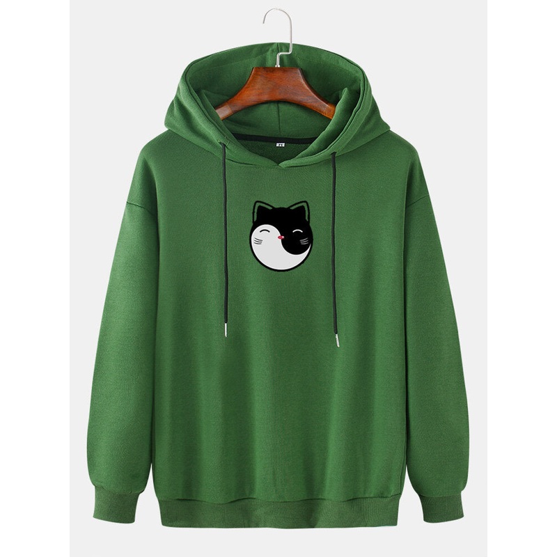 Mens Cartoon Cat Print Drop Shoulder Cotton Casual Drawstring Hoodies