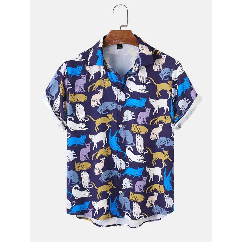 Mens Cartoon Cat Print Lapel Short Sleeve Shirt