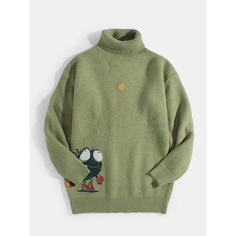 Mens Cartoon Letter Print High Neck Knit Ribbed Casual Pullover Sweaters