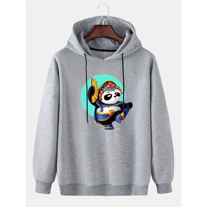 Mens Cartoon Panda Graphic Print Daily Loose Pullover Hoodie