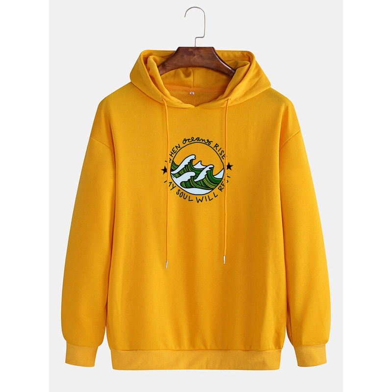 Mens Cartoon Waves Print Drop Shoulder Casual Cotton Drawstring Hoodies