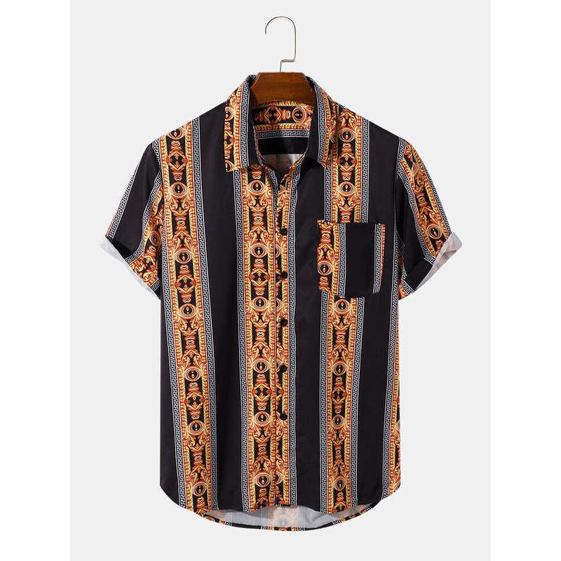 Mens Casual Baroque Striped Print Lapel Shirts