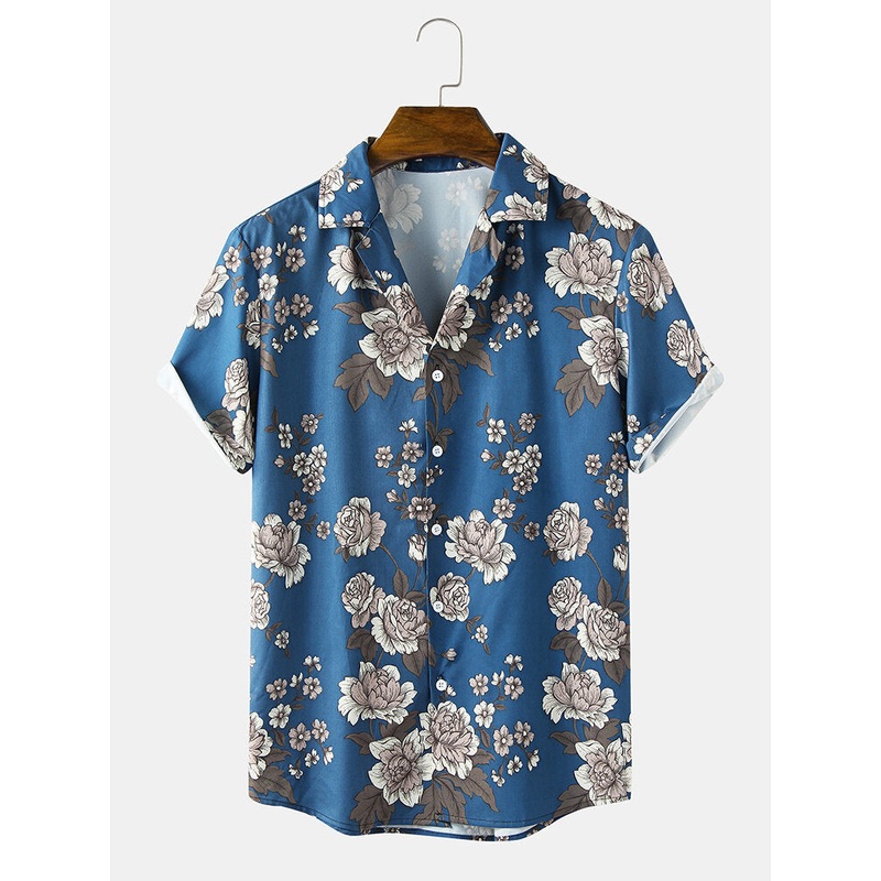 Mens Casual Flower Print Revere Collar Short Sleeve Shirts