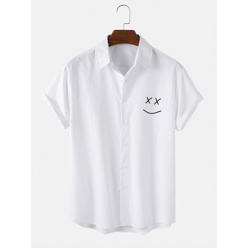 Mens Chest Smile Emojis Print Button Up Short Sleeve Shirts
